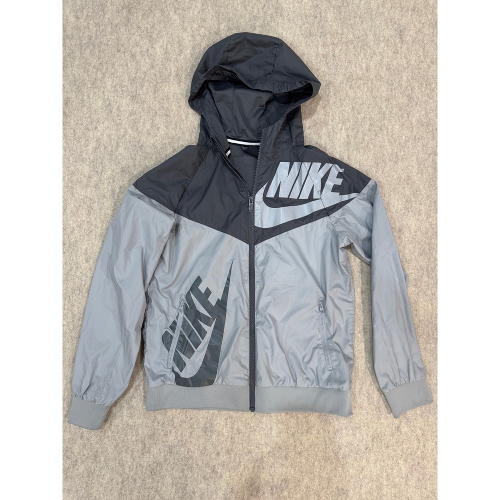 Nike Boys Windrunner Hooded Jacket Grey Black Full Zip Windbreaker Size Large L